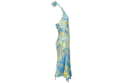 Vestido halter de sirena de seda 100% pura, bajo asimétrico y fluido, estilo vintage / Hecho en Italia