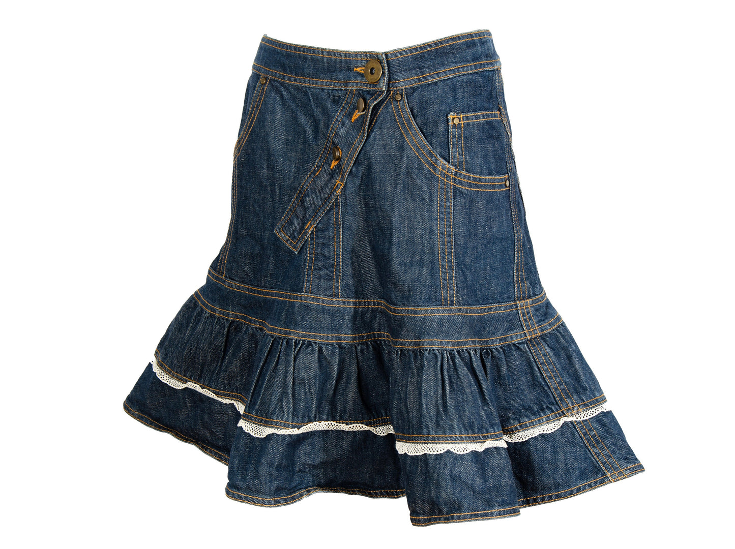 90s Antonio Berardi 2die4 flared denim skirt with crochet trim