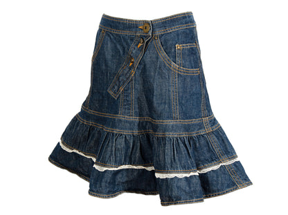 90s Antonio Berardi 2die4 flared denim skirt with crochet trim