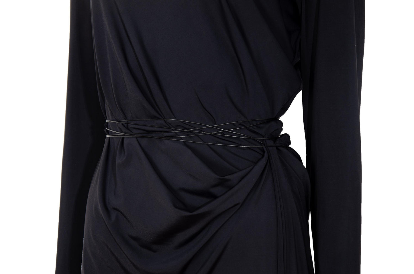 90s Marcel Marongiu avant garde black draped waist dress with thin cord leather belt