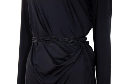 90s Marcel Marongiu avant garde black draped waist dress with thin cord leather belt