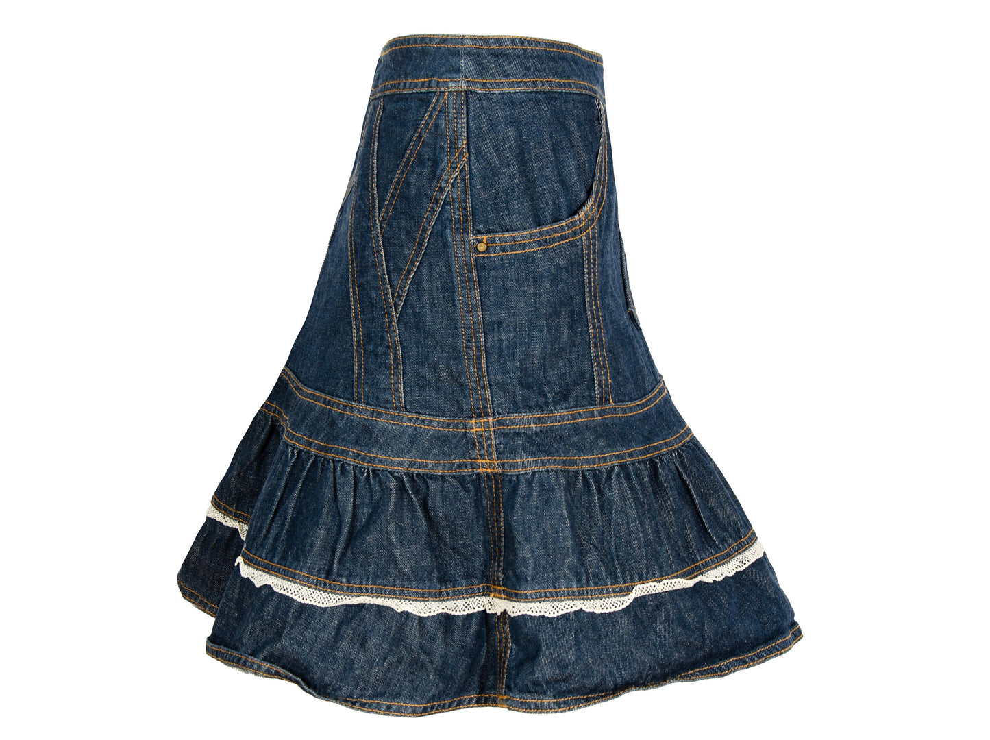 90s Antonio Berardi 2die4 flared denim skirt with crochet trim