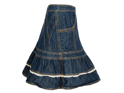 90s Antonio Berardi 2die4 flared denim skirt with crochet trim