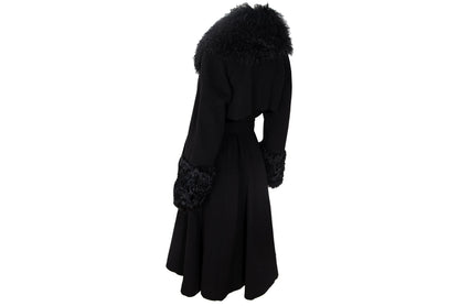 Vintage Black Wool & Cashmere Frog Closure Afghan Style Coat with Tibetan Fur