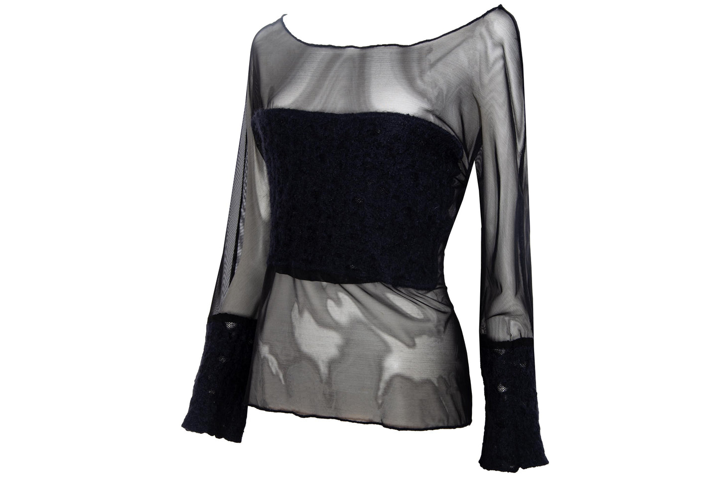 2000s Italian designer sheer black mesh top with boiled wool inserts / Made in Italy