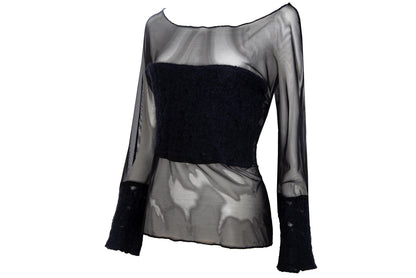2000s Italian designer sheer black mesh top with boiled wool inserts / Made in Italy