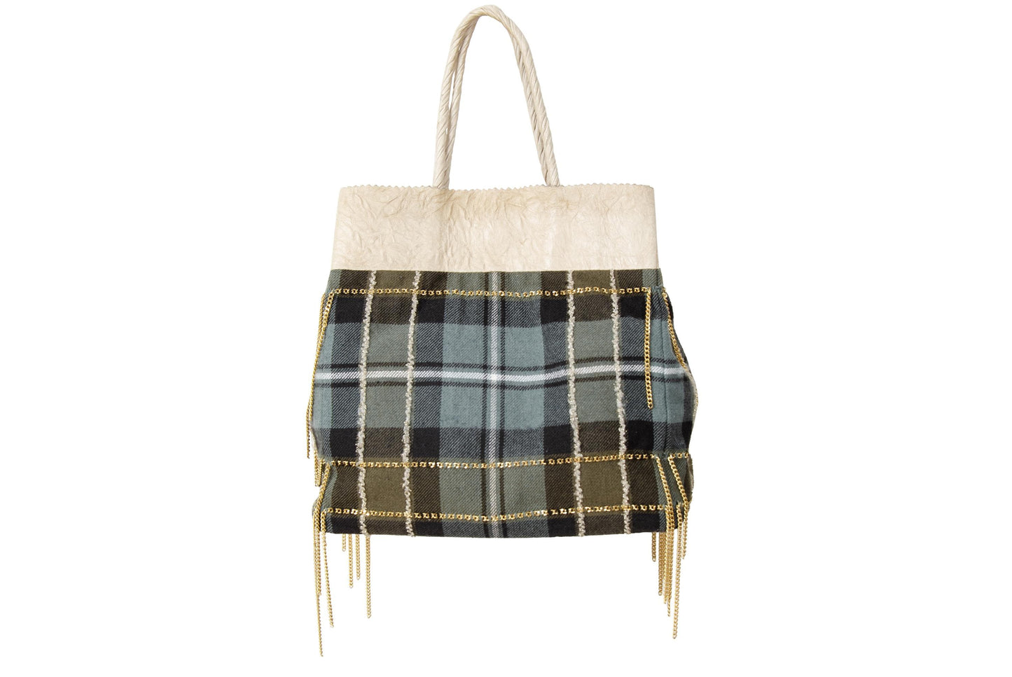 Japanese Designer Tartan Plaid Tote Bag with Gold Chain Fringe