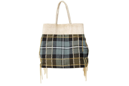 Japanese Designer Tartan Plaid Tote Bag with Gold Chain Fringe