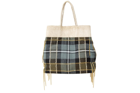 Japanese Designer Tartan Plaid Tote Bag with Gold Chain Fringe