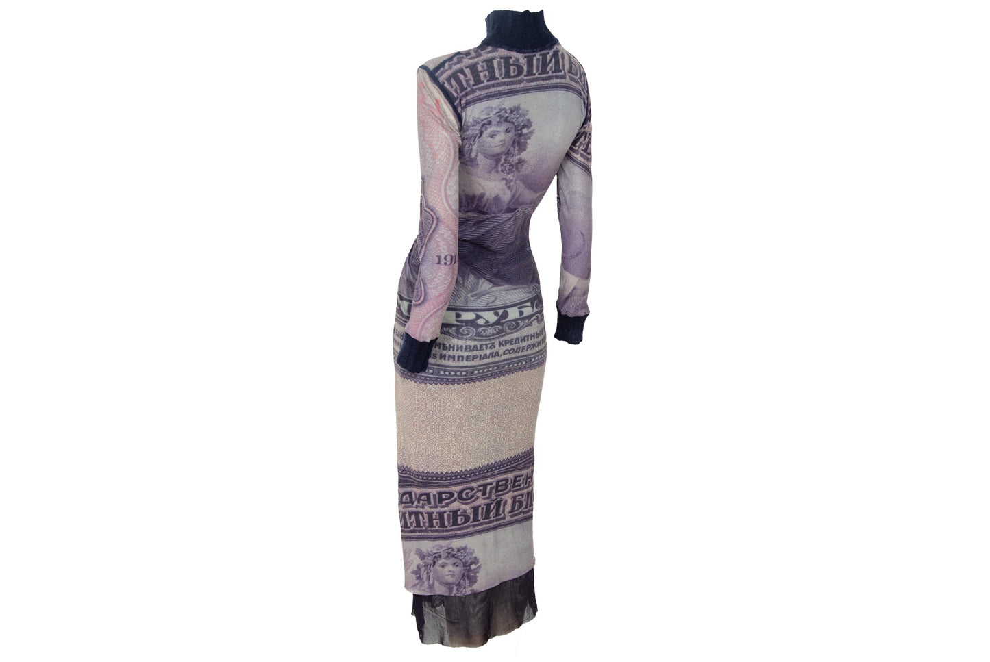 Vintage Italian Designer Currency Print Mesh Dress with Mohair Collar & Cuffs - Early 2000s - Made in Italy