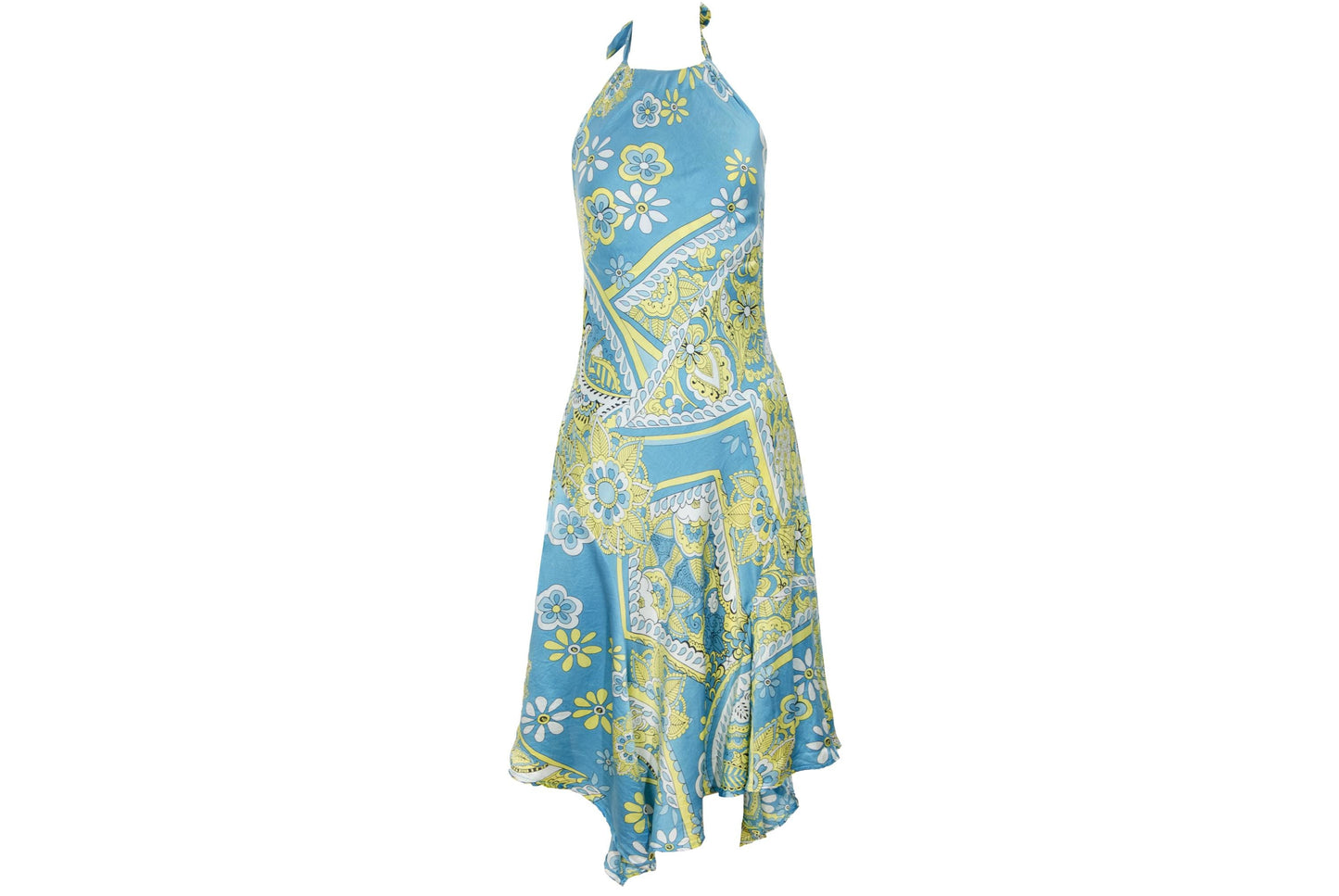 Vestido halter de sirena de seda 100% pura, bajo asimétrico y fluido, estilo vintage / Hecho en Italia