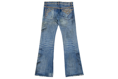 Vintage Enchantement...? mud wash low rise bootcut distressed studded jeans / Made in Japan