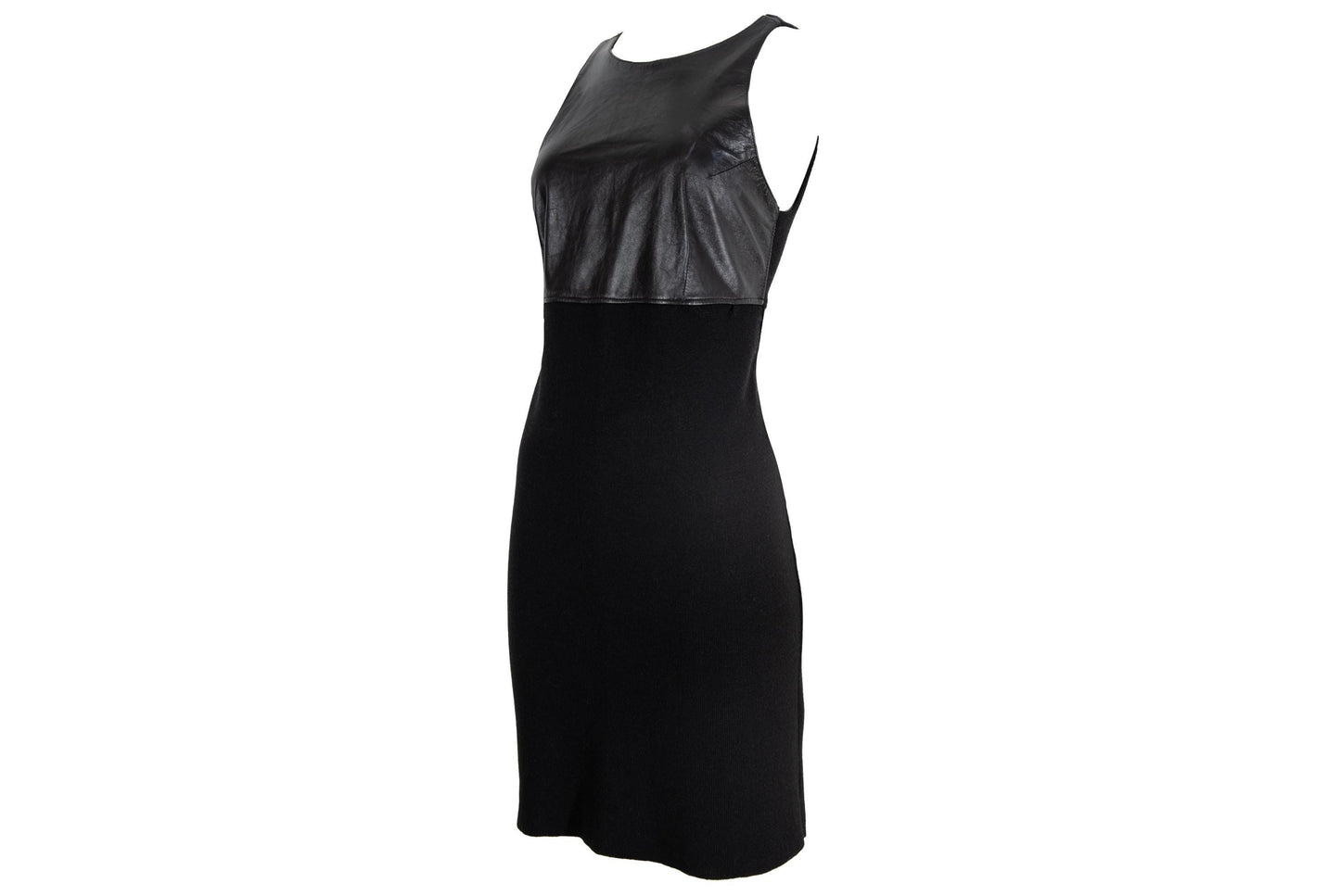 Vestido midi sin mangas de piel y punto vintage de Amaya Arzuaga / Hecho en España