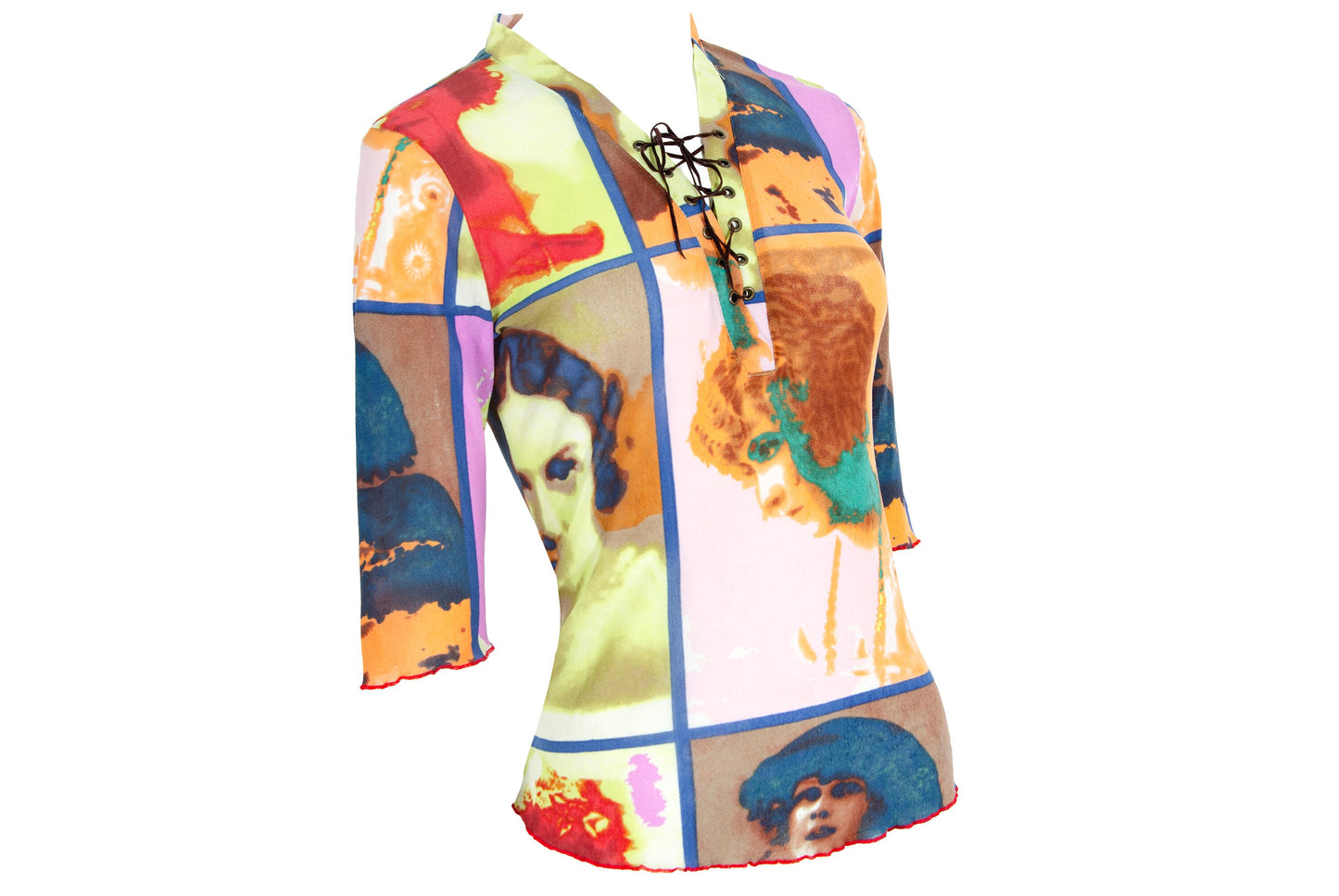 Vintage early 2000s pop art portraits Divina Marchesa print mesh top