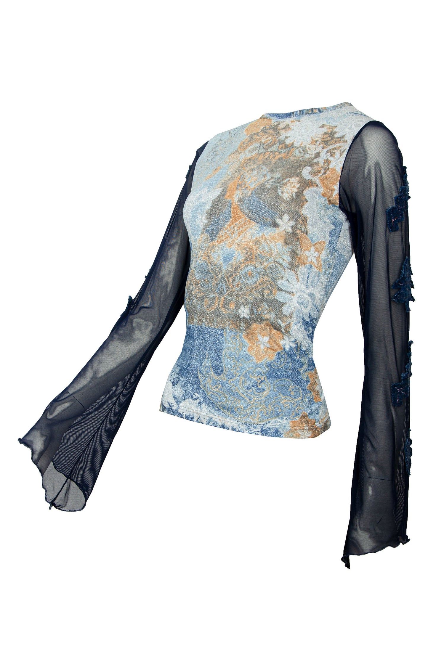 Save The Queen vintage sheer mesh bell sleeves top / Lettuce edge mesh flared sleeves top / Collage fantasy print top
