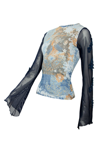 Save The Queen vintage sheer mesh bell sleeves top / Lettuce edge mesh flared sleeves top / Collage fantasy print top