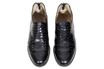 Vintage Yohji Yamamoto black leather perforated slip on shoes with rear zip closure