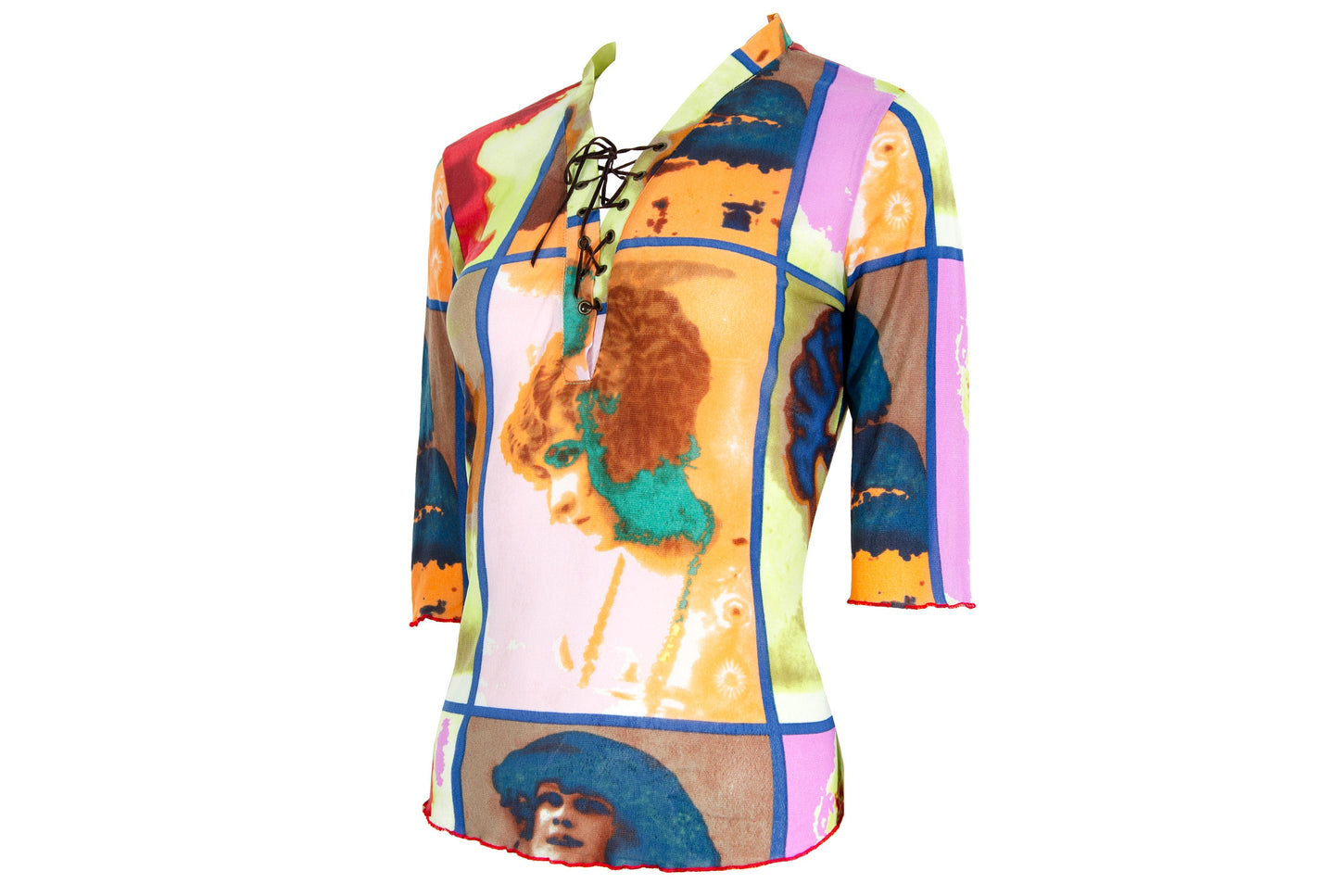 Vintage early 2000s pop art portraits Divina Marchesa print mesh top