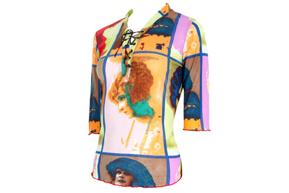 Vintage early 2000s pop art portraits Divina Marchesa print mesh top