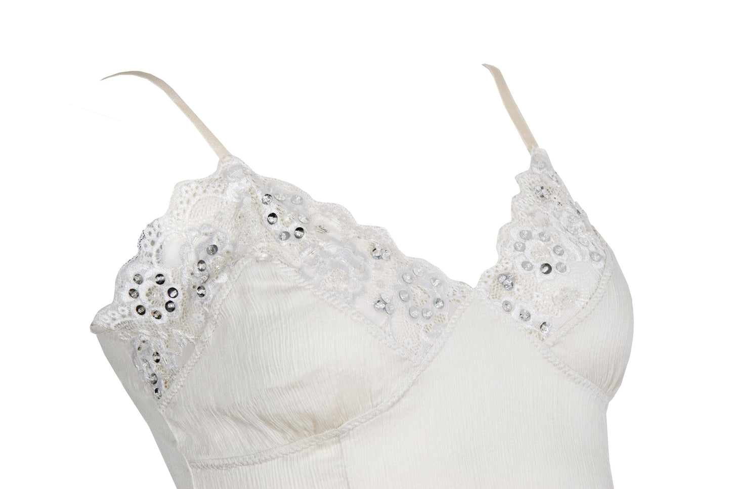 Vintage 100% silk cream tank top with lace and silver tone sequins