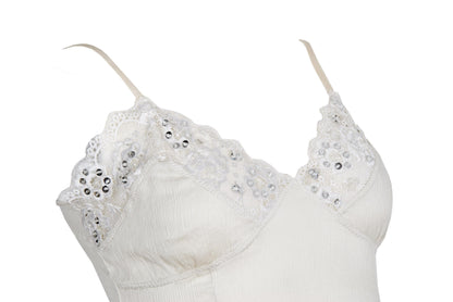 Vintage 100% silk cream tank top with lace and silver tone sequins