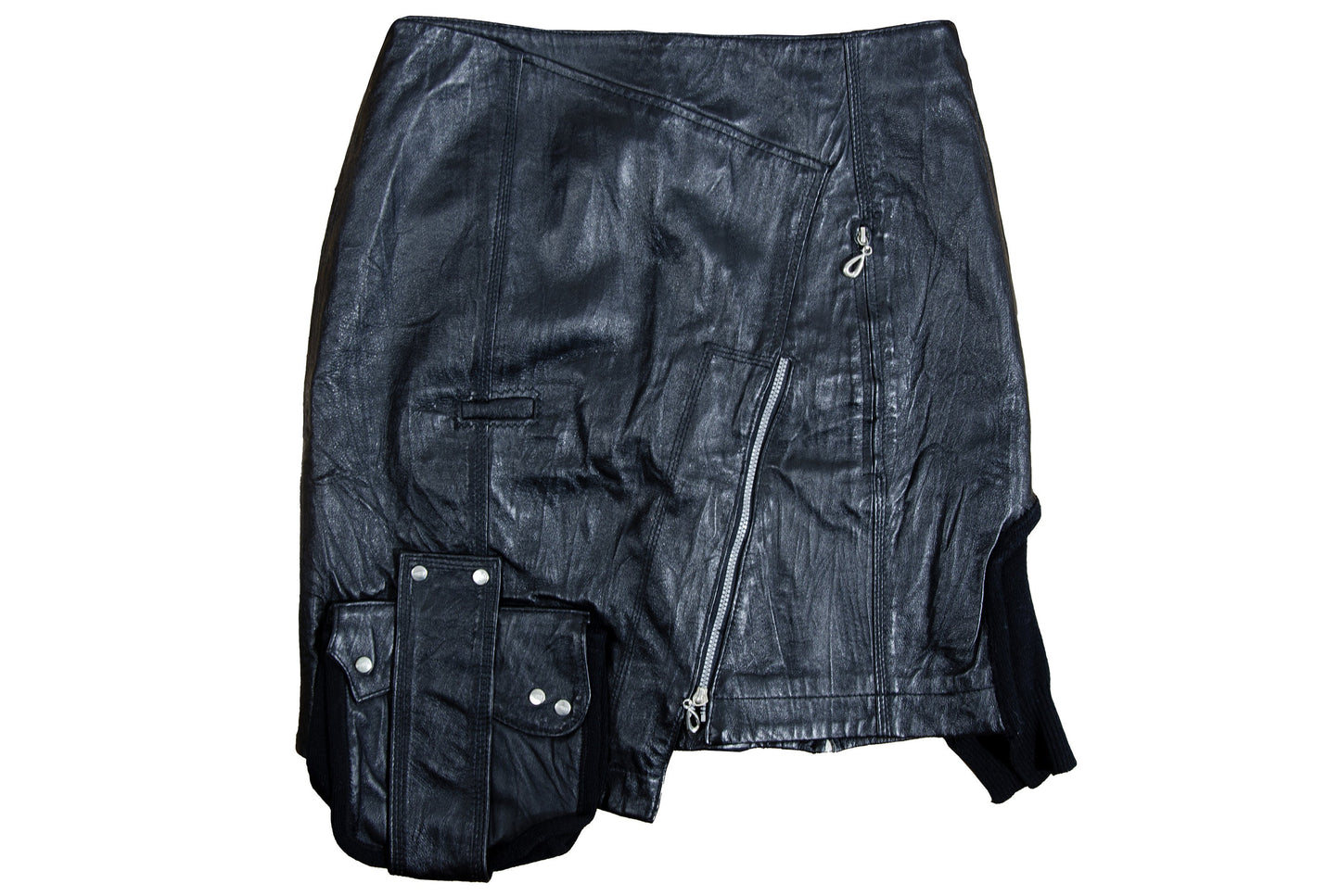 Vintage asymmetrical avant garde cargo pocket black leather skirt / Early 2000s French brand skirt