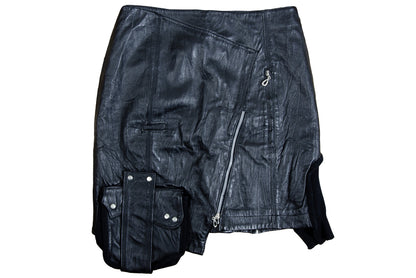 Vintage asymmetrical avant garde cargo pocket black leather skirt / Early 2000s French brand skirt