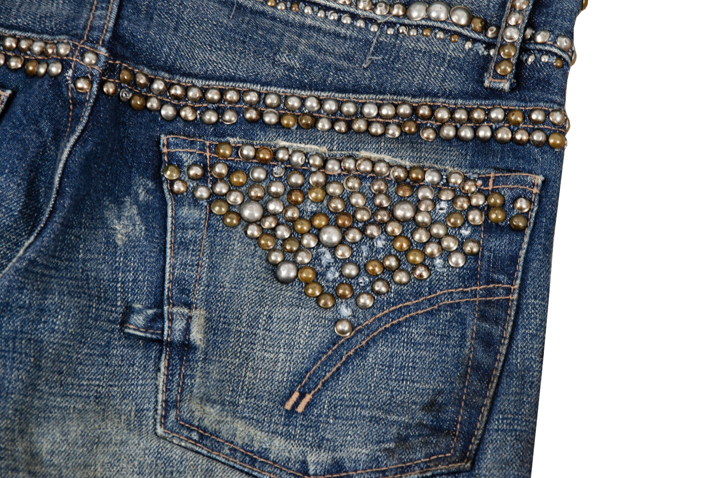 Vintage Enchantement...? mud wash low rise bootcut distressed studded jeans / Made in Japan