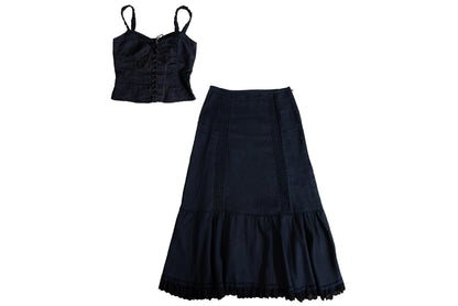 Vintage Black Linen Corset Top and Maxi Skirt Set