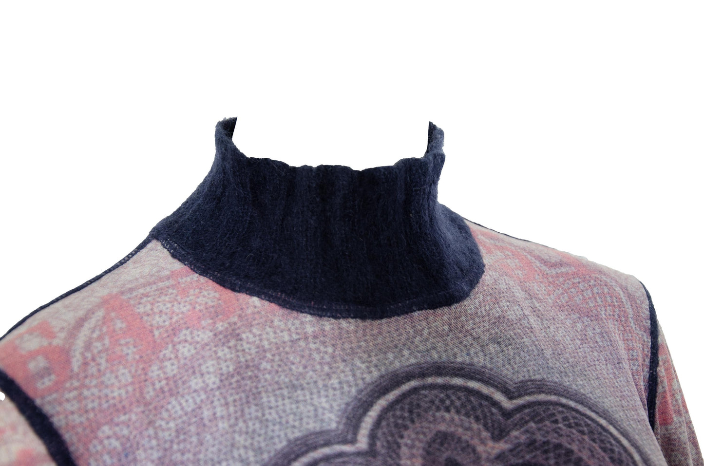 Vintage Italian Designer Currency Print Mesh Dress with Mohair Collar & Cuffs - Early 2000s - Made in Italy