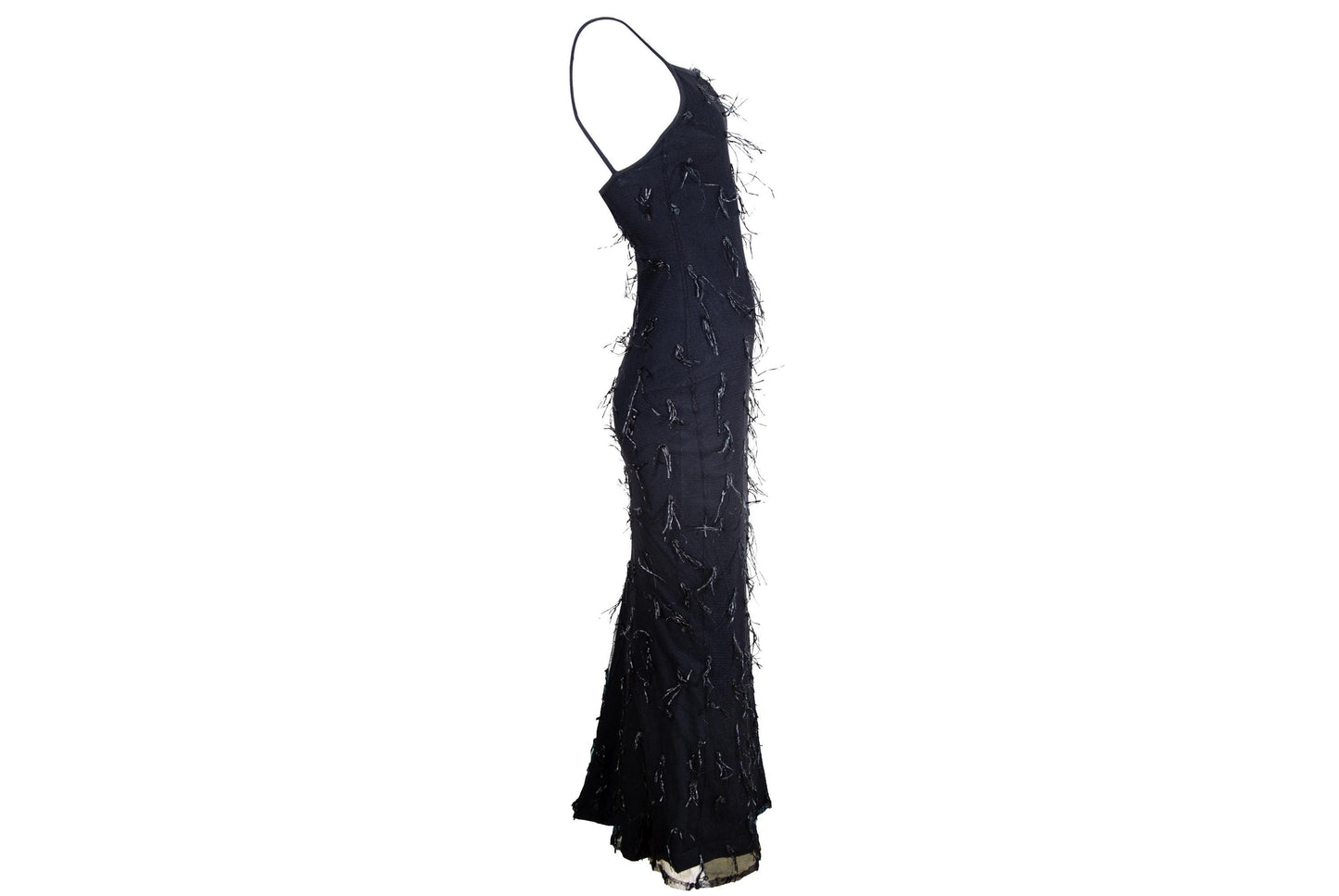 Vintage Amaya Arzuaga black mesh gown with shaggy nylon thread details / Made in Spain
