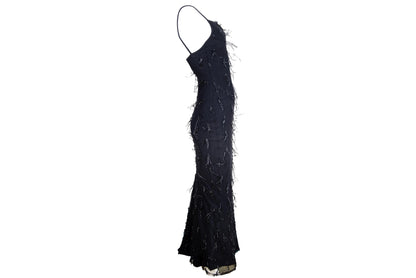 Vintage Amaya Arzuaga black mesh gown with shaggy nylon thread details / Made in Spain
