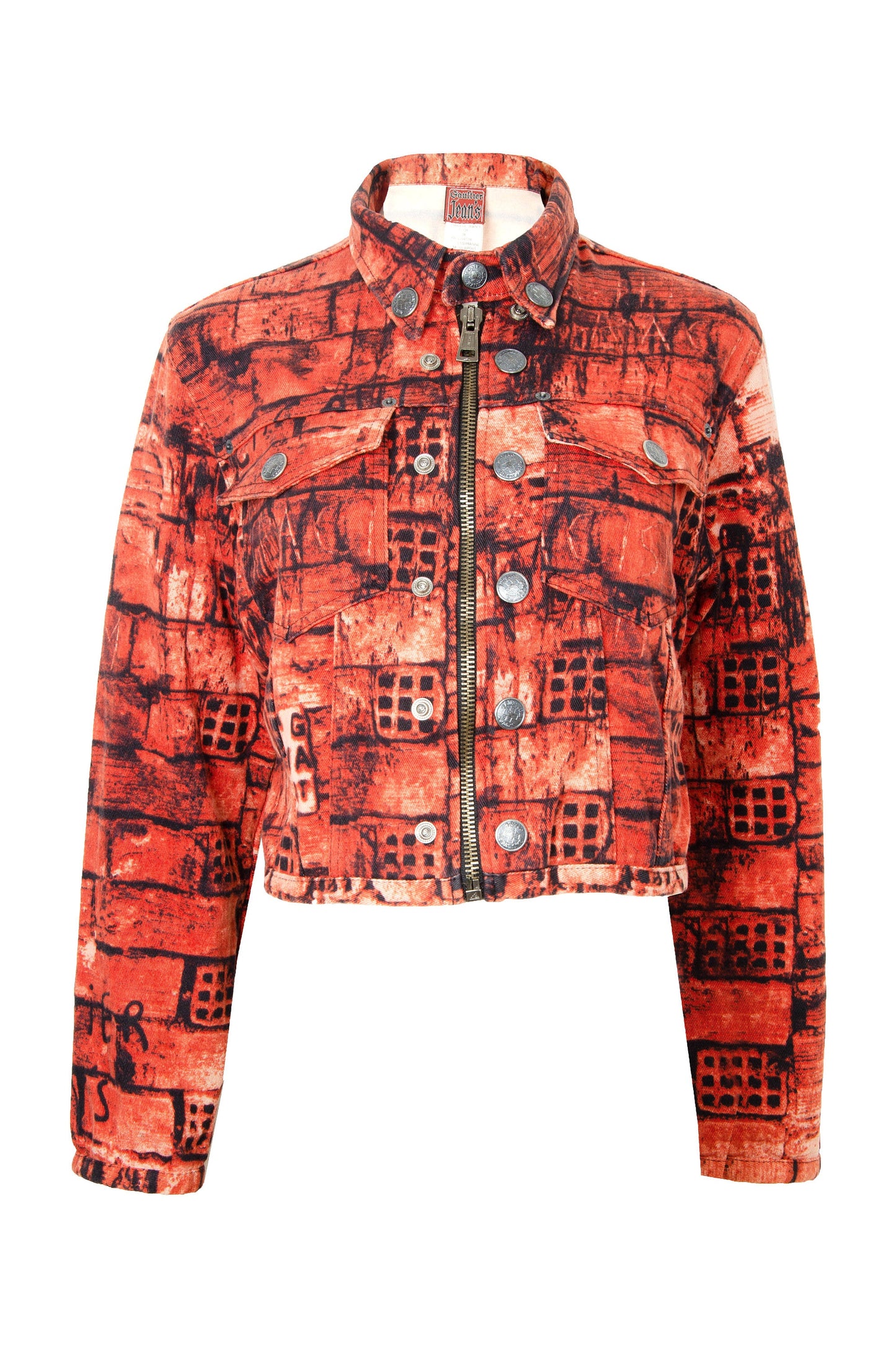 Jean Paul Gaultier "Fight Racism" red brick wall graffiti cropped jacket / Gaultier F/W 1997-1998 outerwear