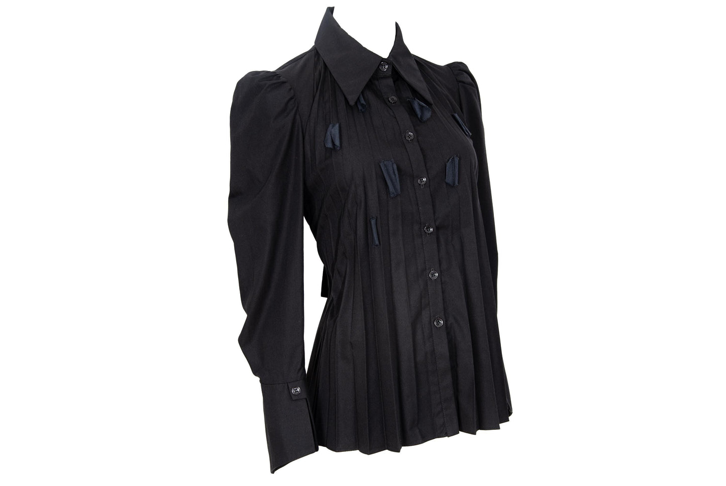 Vintage French brand black permanent pleats button front shirt with fabric appliqué details