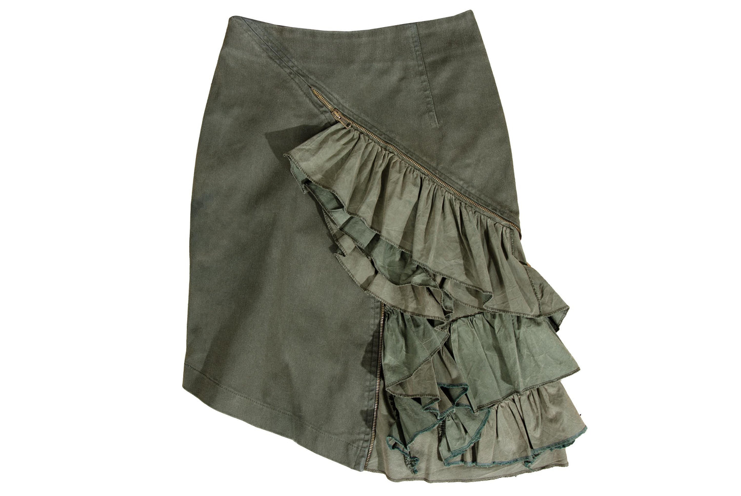 Vintage Collection Privée? khaki green military inspired asymmetrical ruffle skirt / Made in Italy