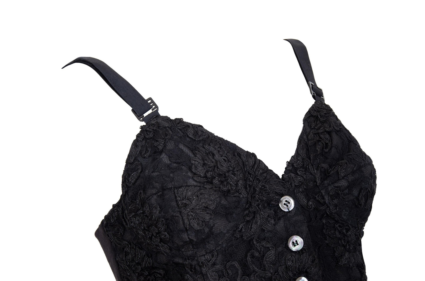 90s black floral lace leather back panel bustier / Made in Italy