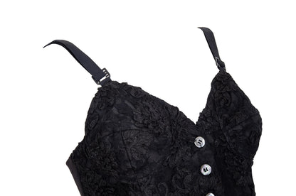 90s black floral lace leather back panel bustier / Made in Italy