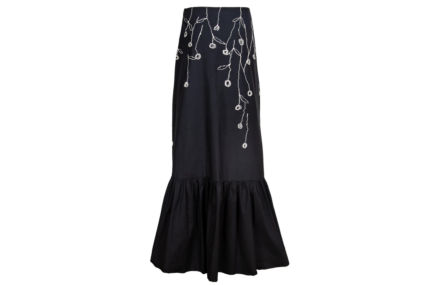 2000s Simultaneous black maxi skirt with white floral embroidery