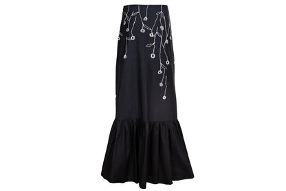 2000s Simultaneous black maxi skirt with white floral embroidery