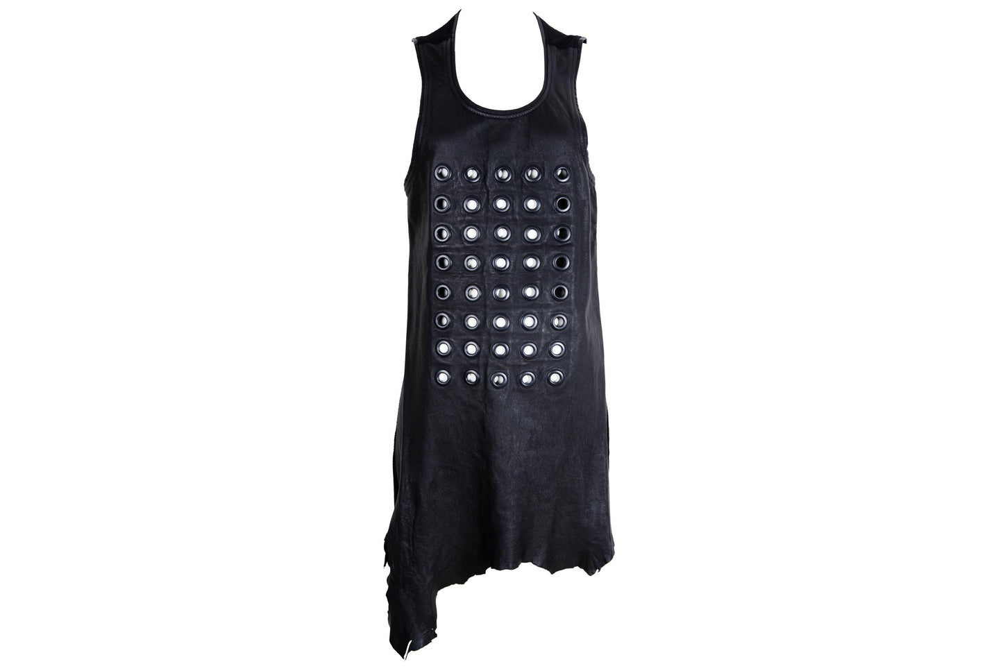 Vintage asymmetrical leather eyelet tunic / Raw natural edge leather mini dress with metal eyelets
