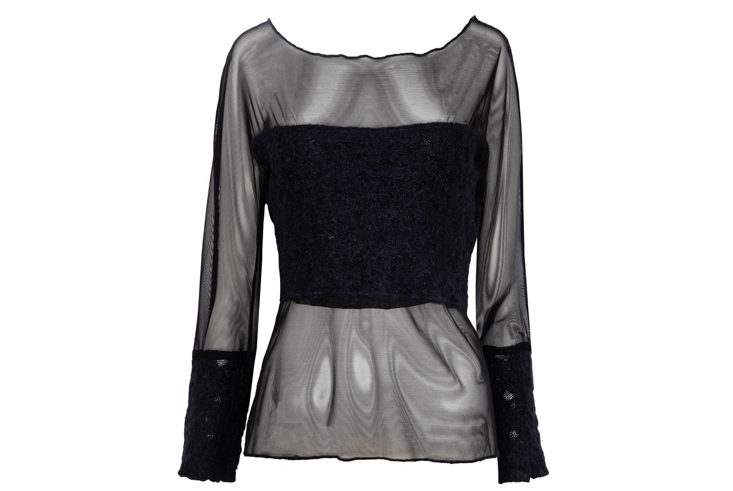 2000s Italian designer sheer black mesh top with boiled wool inserts / Made in Italy