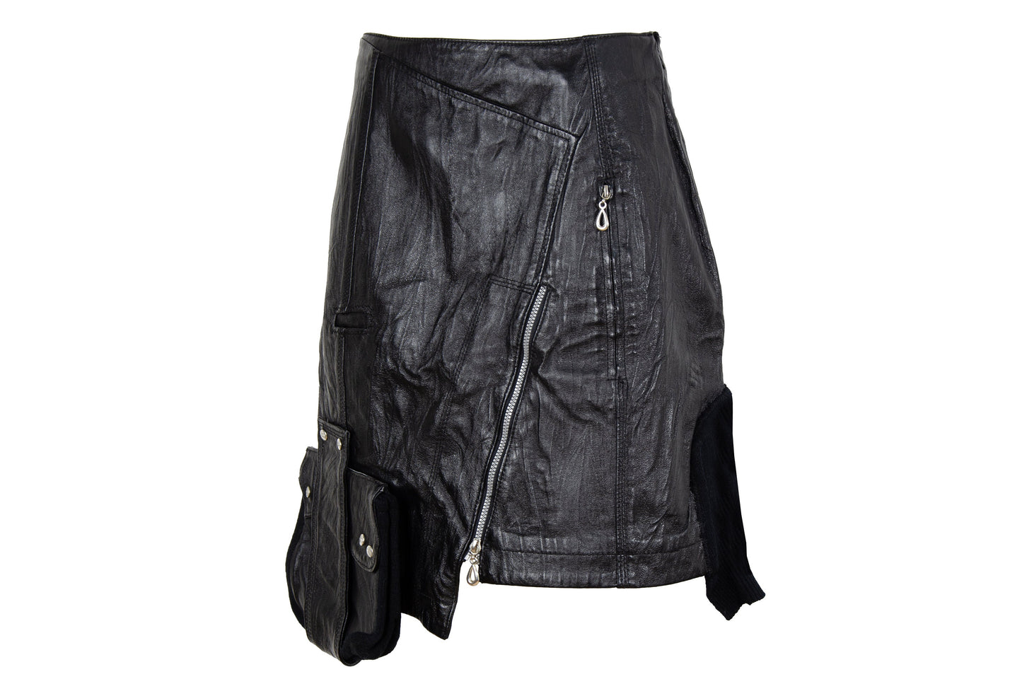 Vintage asymmetrical avant garde cargo pocket black leather skirt / Early 2000s French brand skirt