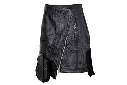 Vintage asymmetrical avant garde cargo pocket black leather skirt / Early 2000s French brand skirt