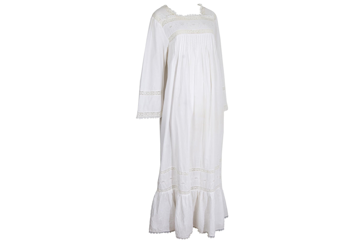 1970s Victorian revival square neck lace details white dress / Made in India