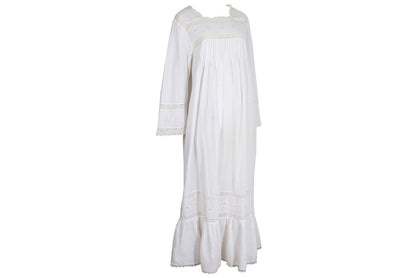 1970s Victorian revival square neck lace details white dress / Made in India