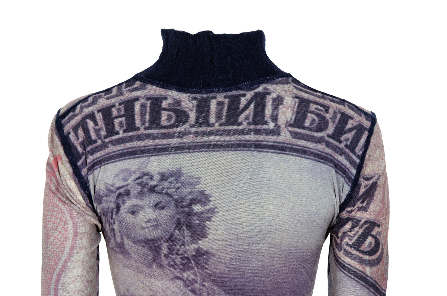 Vintage Italian Designer Currency Print Mesh Dress with Mohair Collar & Cuffs - Early 2000s - Made in Italy