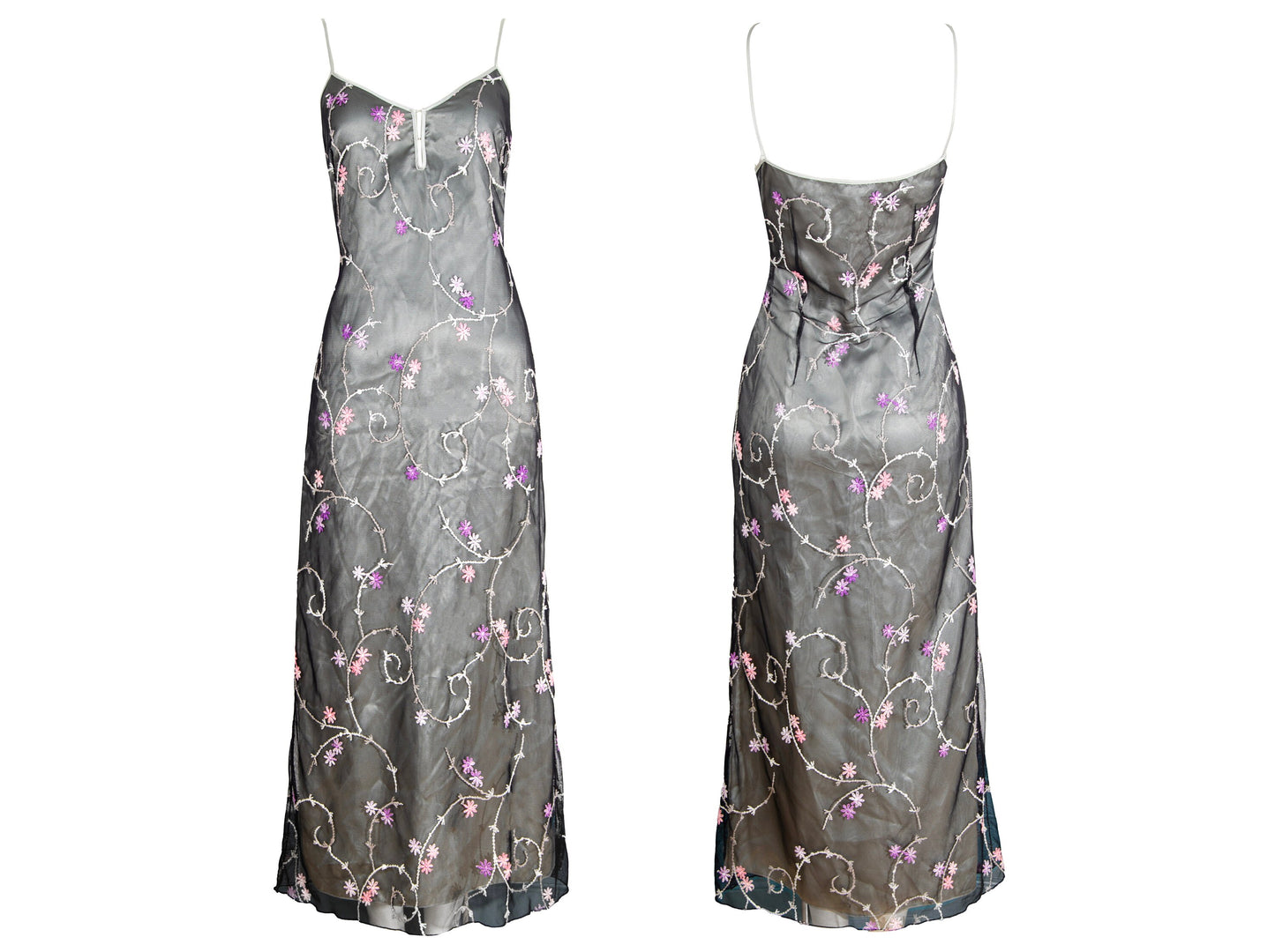 2000s Simultaneous embroidered tulle spaghetti straps maxi dress / Made in Italy