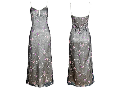2000s Simultaneous embroidered tulle spaghetti straps maxi dress / Made in Italy
