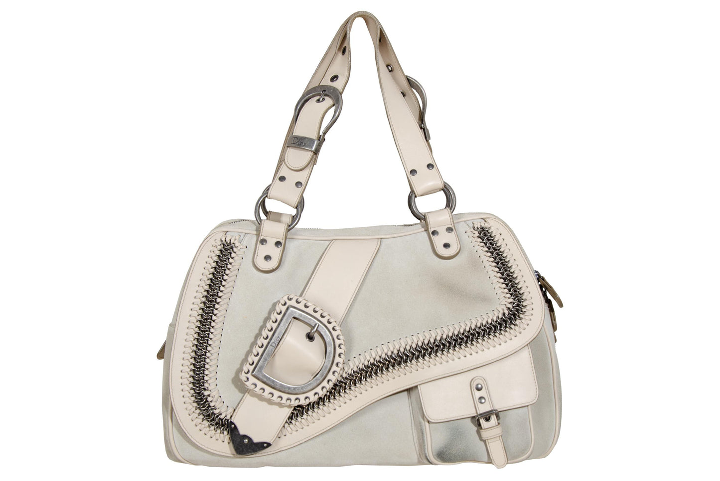 2005 Dior Gaucho bag Galliano era chainmail cream suede saddle bag / Made in Italy