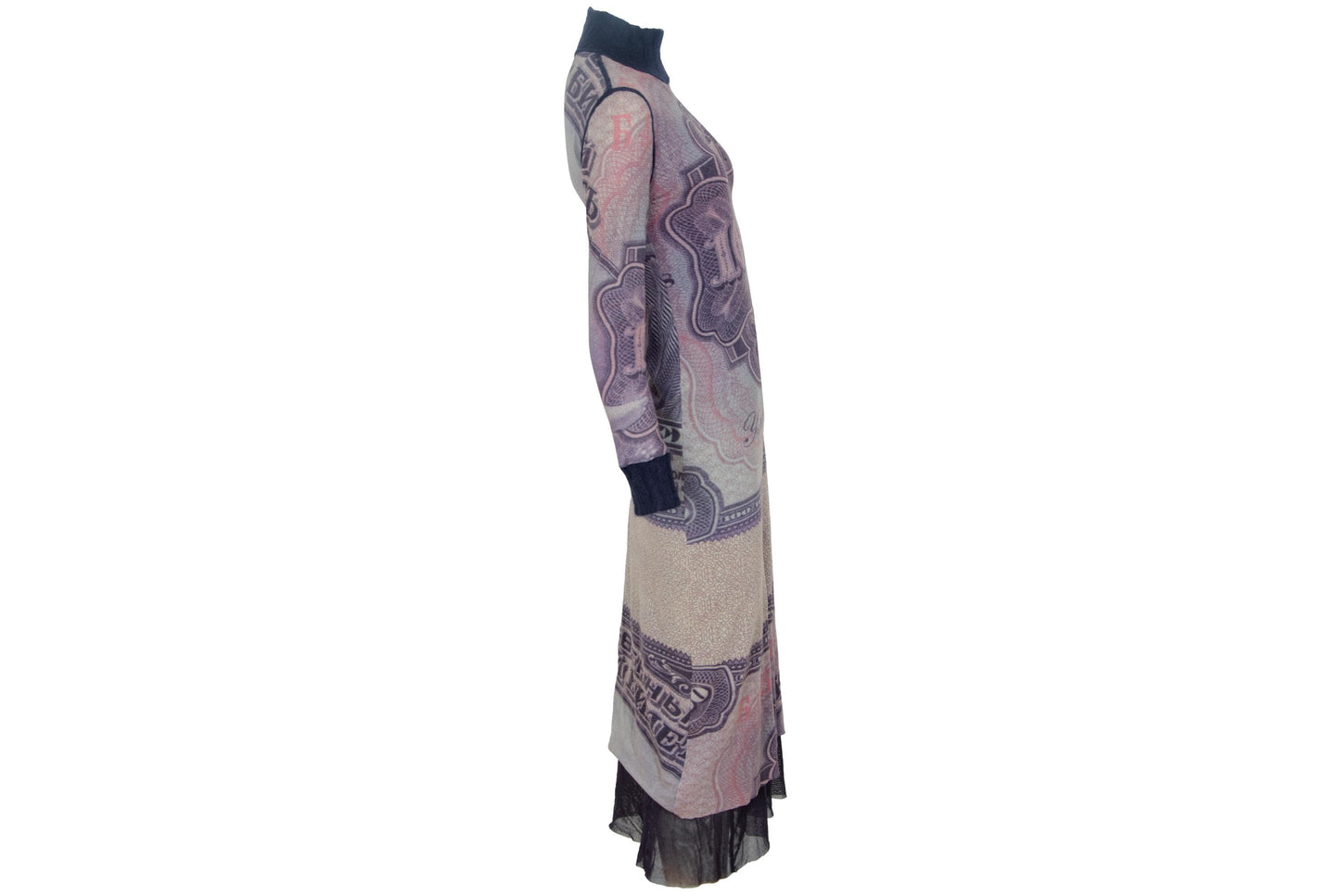 Vintage Italian Designer Currency Print Mesh Dress with Mohair Collar & Cuffs - Early 2000s - Made in Italy